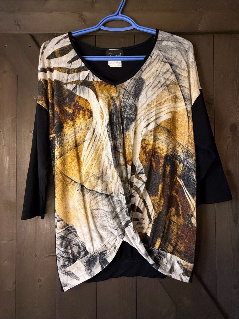 🇨🇦 VINTAGE Abstract Twist-Front Long Sleeve Top - Mustard & Black MADE IN CANADA